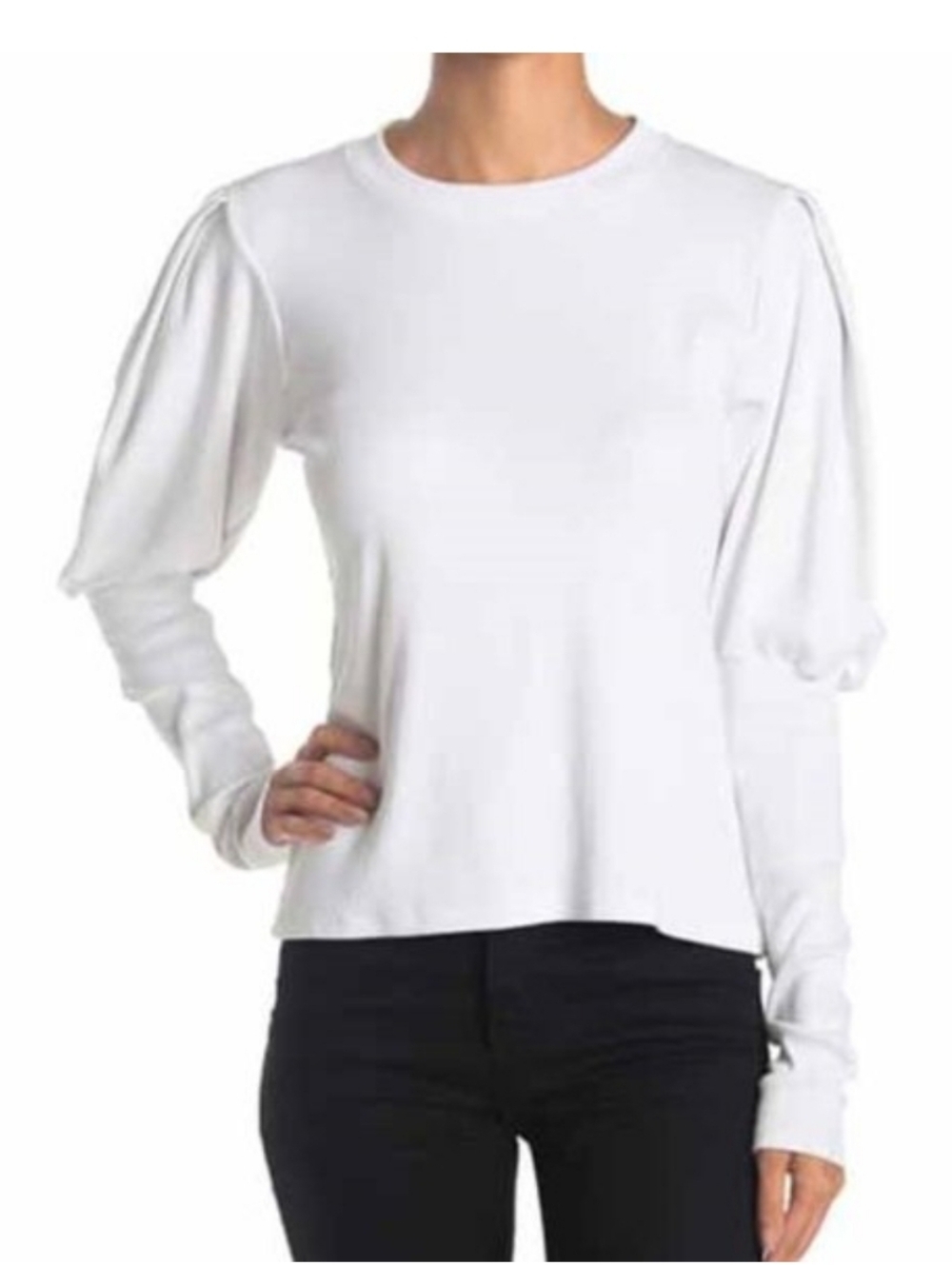 Veronica Beard Lyon Puff Sleeve Ribbed Knit Top in White Size Large